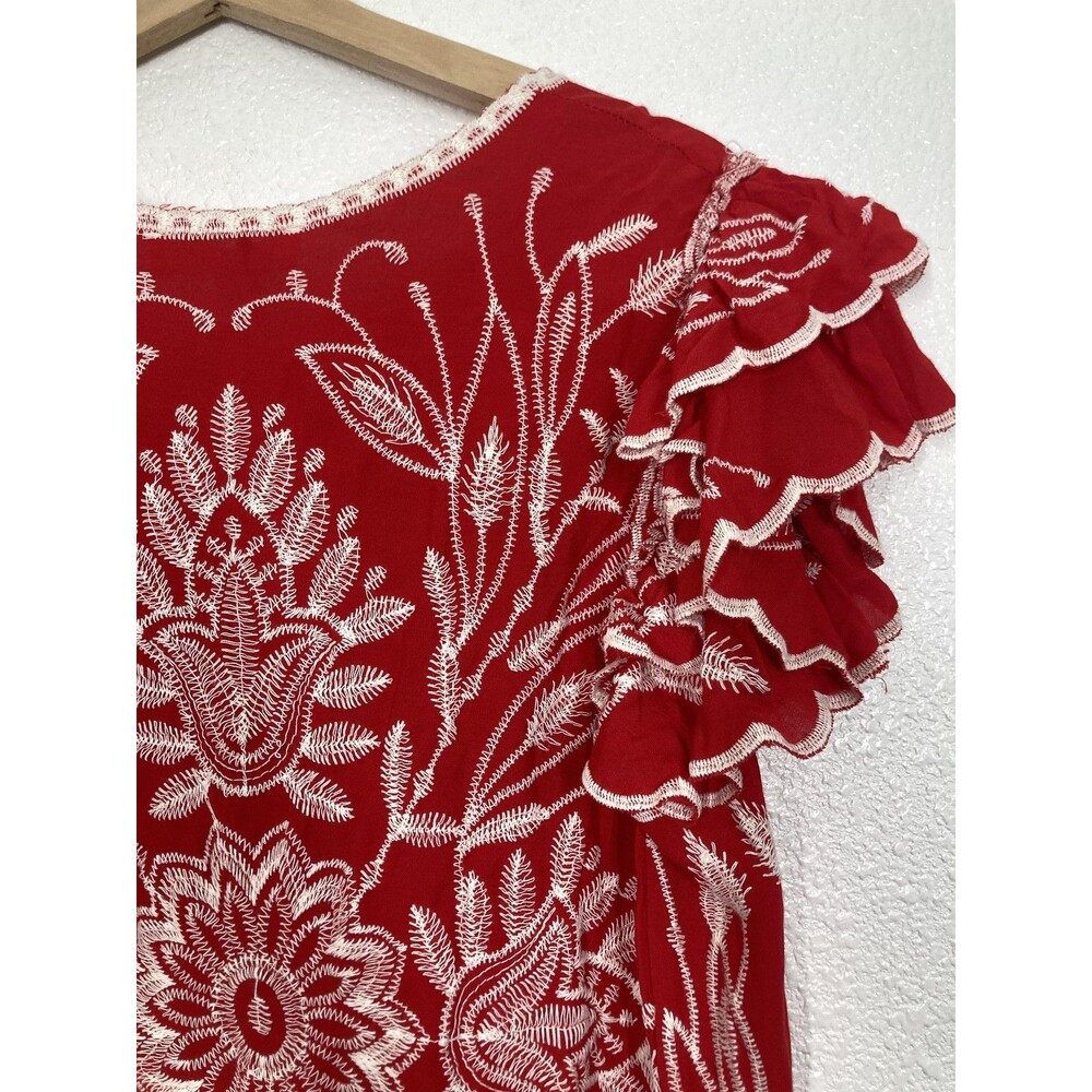 Solitaire Blouse Womens Medium Red Floral Embroidered Ruffle Flutter Top Boho - Picture 16 of 16